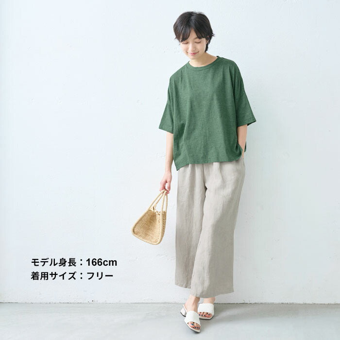 [麻リネンワイドパンツレディースリネンパンツ]天日干しリネン100％ワイドパンツ/日本製40代50代60代30代女性ファッションウエストゴムナチュラル麻パンツ春夏涼しい夏春総ゴムゆったりアンクル丈短め