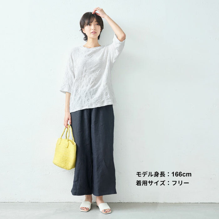 [麻リネンワイドパンツレディースリネンパンツ]天日干しリネン100％ワイドパンツ/日本製40代50代60代30代女性ファッションウエストゴムナチュラル麻パンツ春夏涼しい夏春総ゴムゆったりアンクル丈短め