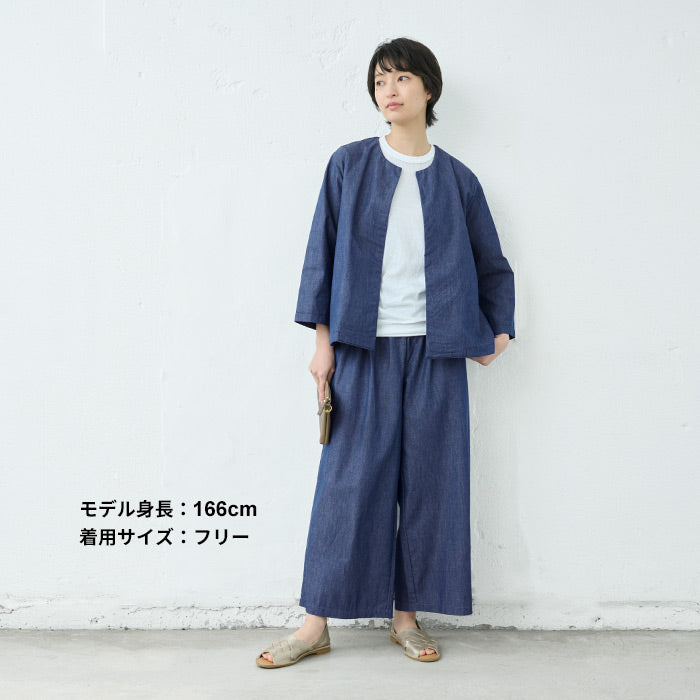 [デニムジャケットレディースノーカラー春]和紙デニムこなれジャケット/日本製40代50代60代30代女性ファッションインディゴ長袖ゆったりカジュアル大きめ岡山デニム吸水速乾吸汗