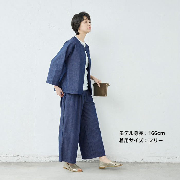 [デニムジャケットレディースノーカラー春]和紙デニムこなれジャケット/日本製40代50代60代30代女性ファッションインディゴ長袖ゆったりカジュアル大きめ岡山デニム吸水速乾吸汗