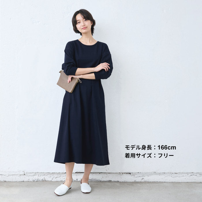 [ワンピースレディース無地綿]強撚コットン100%リブ使いワンピース/40代50代60代女性綿100％ロングワンピース長袖きれいめゆったり春夏秋綿100％春物春服顔合わせオケージョンお呼ばれ