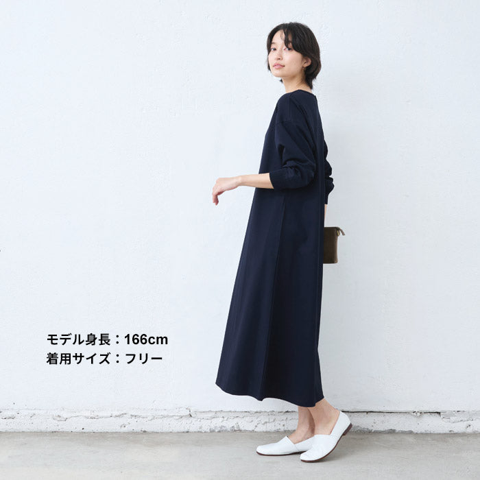[ワンピースレディース無地綿]強撚コットン100%リブ使いワンピース/40代50代60代女性綿100％ロングワンピース長袖きれいめゆったり春夏秋綿100％春物春服顔合わせオケージョンお呼ばれ
