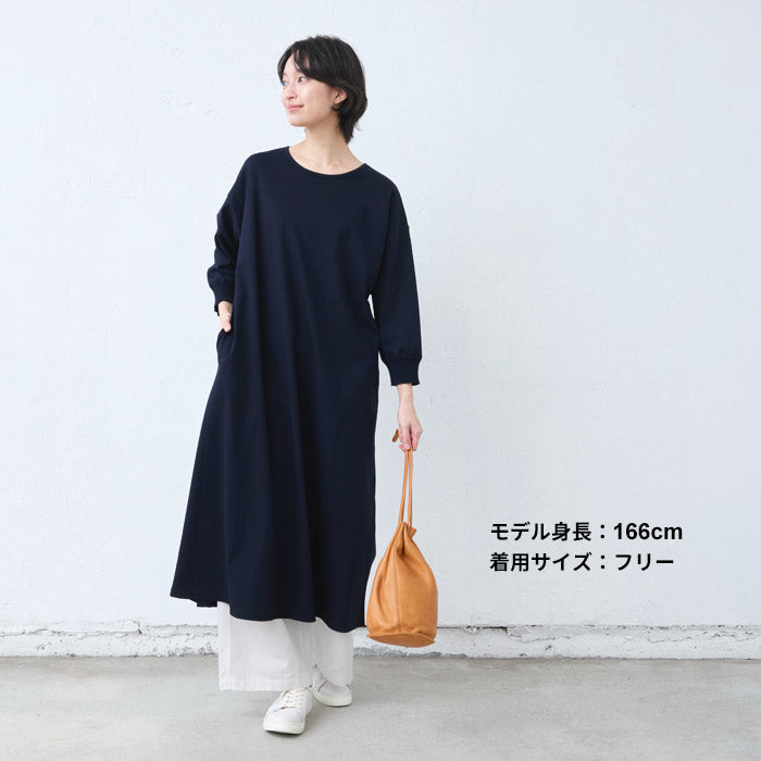 [ワンピースレディース無地綿]強撚コットン100%リブ使いワンピース/40代50代60代女性綿100％ロングワンピース長袖きれいめゆったり春夏秋綿100％春物春服顔合わせオケージョンお呼ばれ