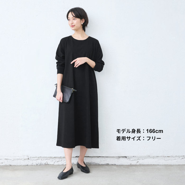 [ワンピースレディース無地綿]強撚コットン100%リブ使いワンピース/40代50代60代女性綿100％ロングワンピース長袖きれいめゆったり春夏秋綿100％春物春服顔合わせオケージョンお呼ばれ