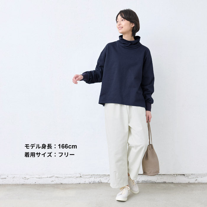 [カットソーレディース無地綿]コットン100％ミニ裏毛ハイネックリブ使いプルオーバー/40代50代60代女性綿100％トレーナースウェット長袖春秋トップス綿100％春物春服ゆったり大きめ