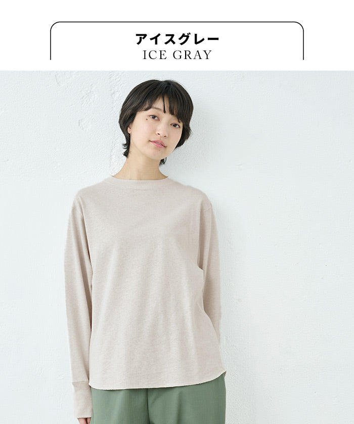 [tシャツレディース長袖春服トップス]コットン＆ヘンプジャージリブ使いTシャツ/日本製40代50代60代30代女性ファッション無地春おしゃれ消臭速乾ゆったりカットソー体型カバー麻秋