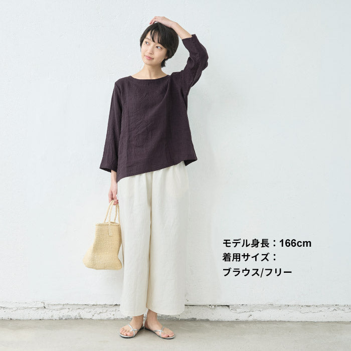 60番手フレンチリネン100%七分袖ブラウス+ペチパンツ 2点セット　ダークパープル