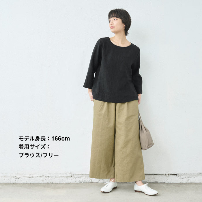 60番手フレンチリネン100%七分袖ブラウス+ペチパンツ 2点セット　ブラック