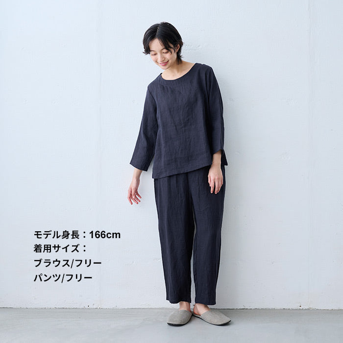 60番手フレンチリネン100%七分袖ブラウス+ペチパンツ 2点セット ダークネイビー
