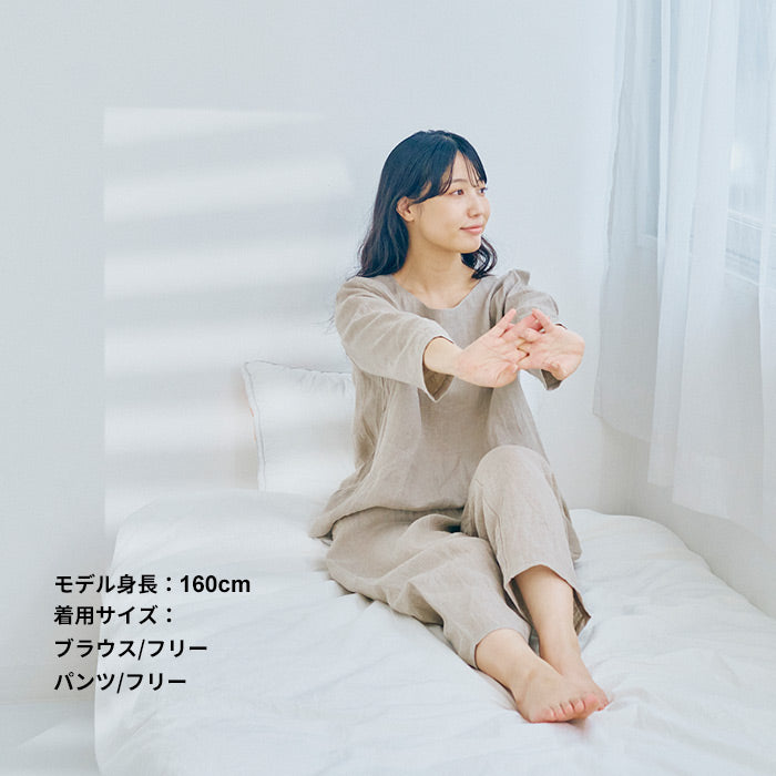 60番手フレンチリネン100%七分袖ブラウス+ペチパンツ 2点セット 生成