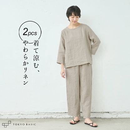 60番手 フレンチリネン100% 七分袖ブラウス + ペチパンツ 2点セット