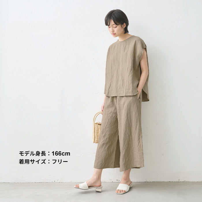 [パンツリネンレディース麻]40番手フレンチリネン100%ガウチョパンツ/日本製40代50代60代30代リネン100％麻100％きれいめゆったりウエストゴム春物春夏総ゴム体型カバーすっきり