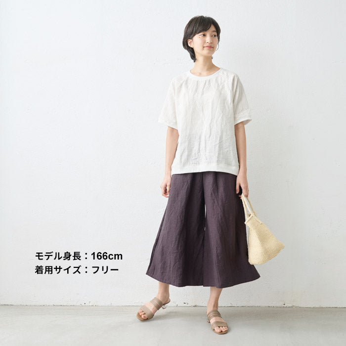 [パンツリネンレディース麻]40番手フレンチリネン100%ガウチョパンツ/日本製40代50代60代30代リネン100％麻100％きれいめゆったりウエストゴム春物春夏総ゴム体型カバーすっきり