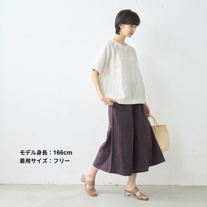 [パンツリネンレディース麻]40番手フレンチリネン100%ガウチョパンツ/日本製40代50代60代30代リネン100％麻100％きれいめゆったりウエストゴム春物春夏総ゴム体型カバーすっきり