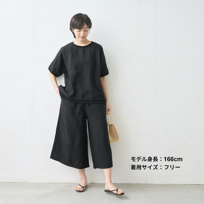 [パンツリネンレディース麻]40番手フレンチリネン100%ガウチョパンツ/日本製40代50代60代30代リネン100％麻100％きれいめゆったりウエストゴム春物春夏総ゴム体型カバーすっきり
