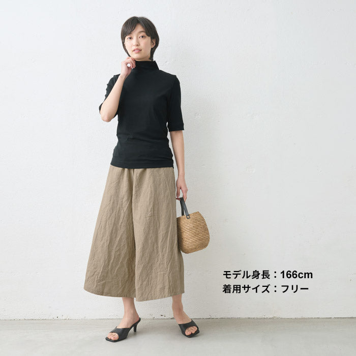 [パンツリネンレディース麻]40番手フレンチリネン100%ガウチョパンツ/日本製40代50代60代30代リネン100％麻100％きれいめゆったりウエストゴム春物春夏総ゴム体型カバーすっきり