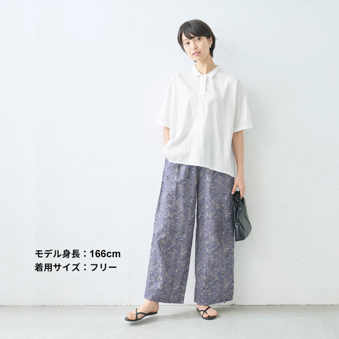 [リネン麻パンツレディースワイド花柄]60番手リネン100%プリントワイドパンツ/日本製40代50代60代30代女性ウエストゴムカジュアル体型カバーナチュラル麻パンツ春夏夏用涼しい夏春総ゴム