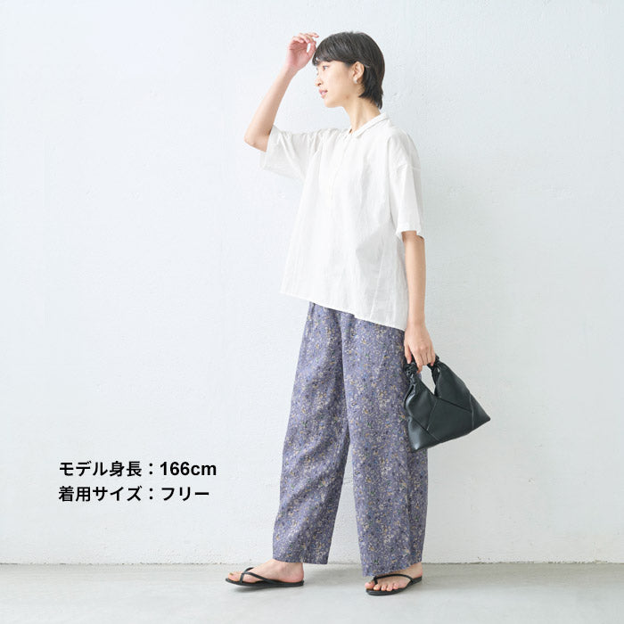 [リネン麻パンツレディースワイド花柄]60番手リネン100%プリントワイドパンツ/日本製40代50代60代30代女性ウエストゴムカジュアル体型カバーナチュラル麻パンツ春夏夏用涼しい夏春総ゴム