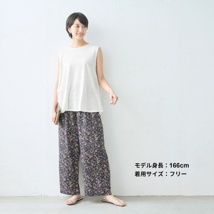 [リネン麻パンツレディースワイド花柄]60番手リネン100%プリントワイドパンツ/日本製40代50代60代30代女性ウエストゴムカジュアル体型カバーナチュラル麻パンツ春夏夏用涼しい夏春総ゴム