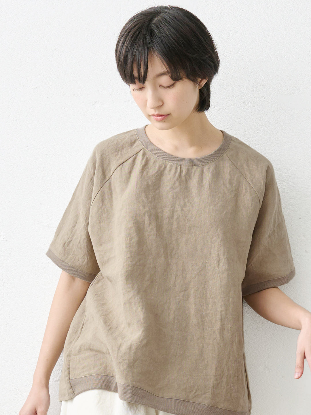 40番手フレンチリネン100%リブ使いブラウス