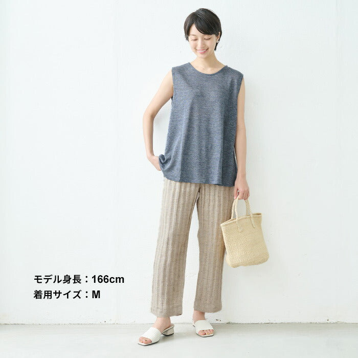 [リネン麻パンツレディースワイドパンツ]手染めリネンへリンボンセミワイドパンツ/日本製40代50代60代30代女性ファッションウエストゴムカジュアル体型カバーナチュラル麻パンツ春夏涼しい夏春総ゴムゆったり