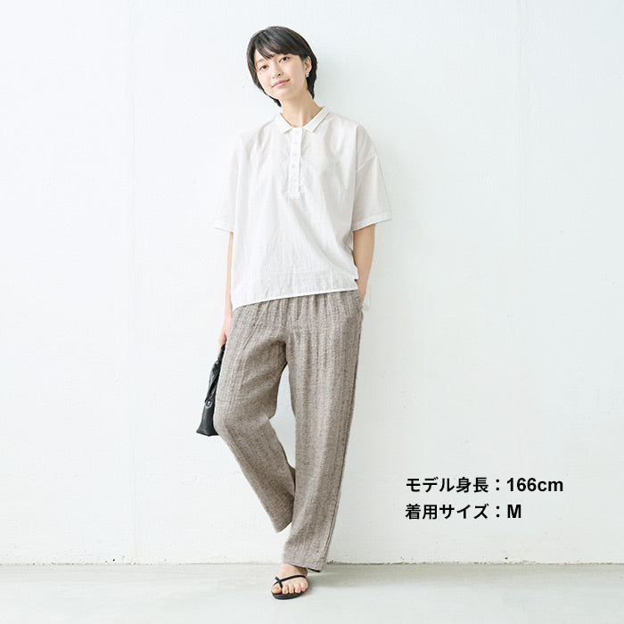 [リネン麻パンツレディースワイドパンツ]手染めリネンへリンボンセミワイドパンツ/日本製40代50代60代30代女性ファッションウエストゴムカジュアル体型カバーナチュラル麻パンツ春夏涼しい夏春総ゴムゆったり