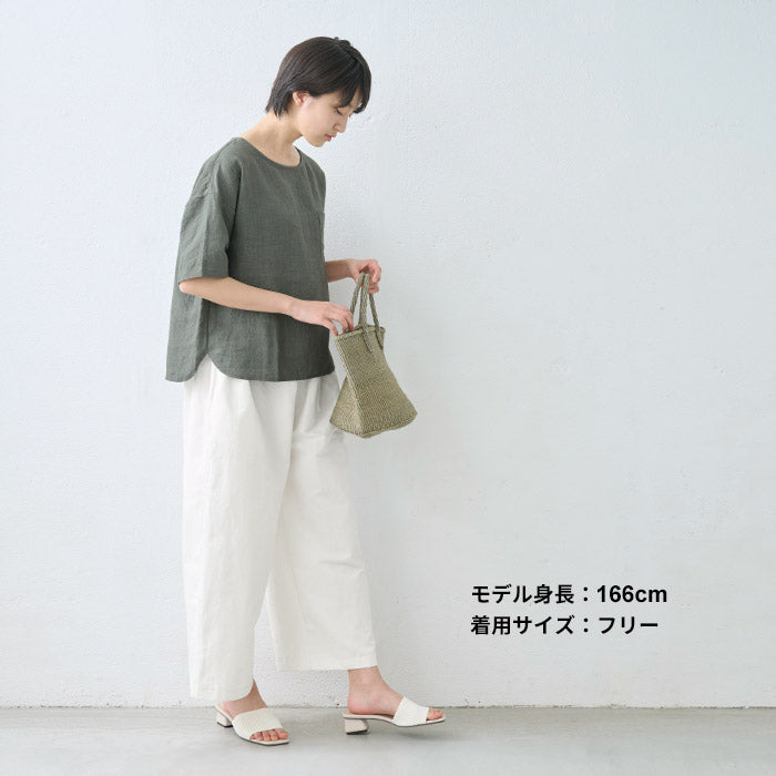 [パンツレディースワイド綿麻リネンコットン]リネン＆コットンカルゼワイドパンツ/日本製40代50代60代30代綿麻きれいめゆったりウエストゴム春物春夏総ゴム体型カバーすっきり