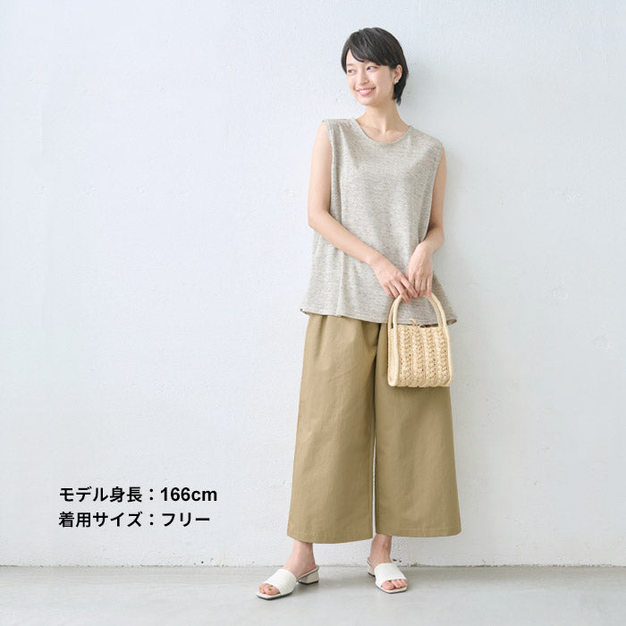 [パンツレディースワイド綿麻リネンコットン]リネン＆コットンカルゼワイドパンツ/日本製40代50代60代30代綿麻きれいめゆったりウエストゴム春物春夏総ゴム体型カバーすっきり