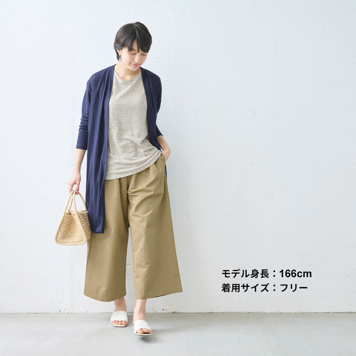 [パンツレディースワイド綿麻リネンコットン]リネン＆コットンカルゼワイドパンツ/日本製40代50代60代30代綿麻きれいめゆったりウエストゴム春物春夏総ゴム体型カバーすっきり