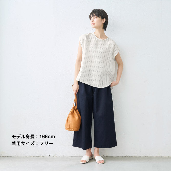 [パンツレディースワイド綿麻リネンコットン]リネン＆コットンカルゼワイドパンツ/日本製40代50代60代30代綿麻きれいめゆったりウエストゴム春物春夏総ゴム体型カバーすっきり