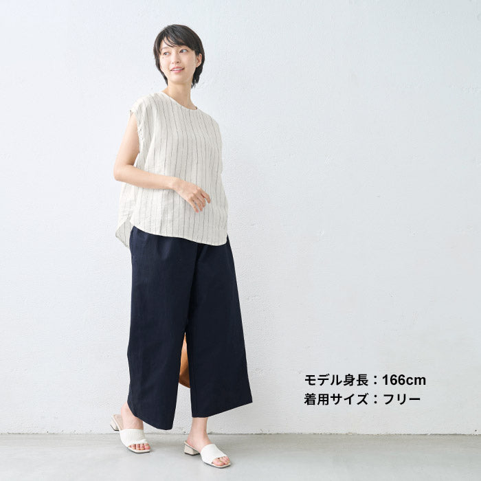 [パンツレディースワイド綿麻リネンコットン]リネン＆コットンカルゼワイドパンツ/日本製40代50代60代30代綿麻きれいめゆったりウエストゴム春物春夏総ゴム体型カバーすっきり