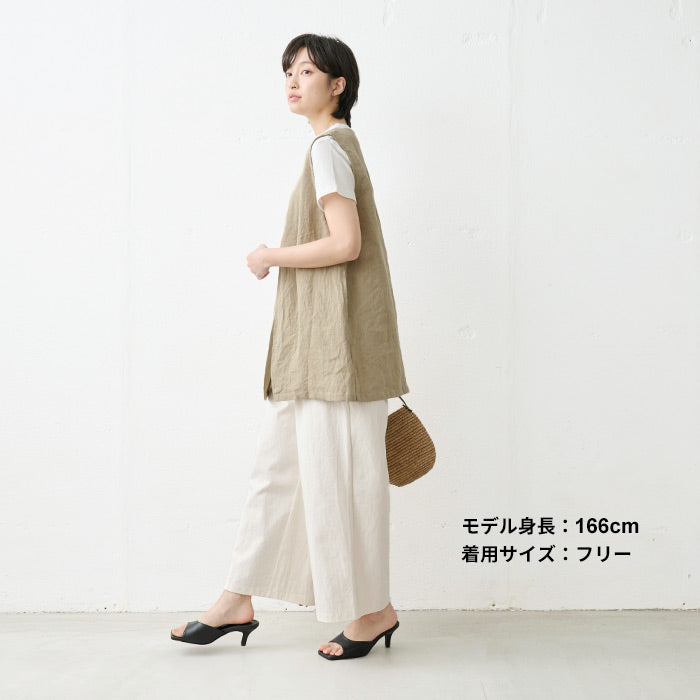 [ジレレディース50代前開き春夏夏]40番手フレンチリネン100％ジレ/日本製40代50代60代30代女性ファッションリネン100％ベスト麻薄手ロングノーカラーオシャレおしゃれゆったりきれいめ体型カバー体型リネン