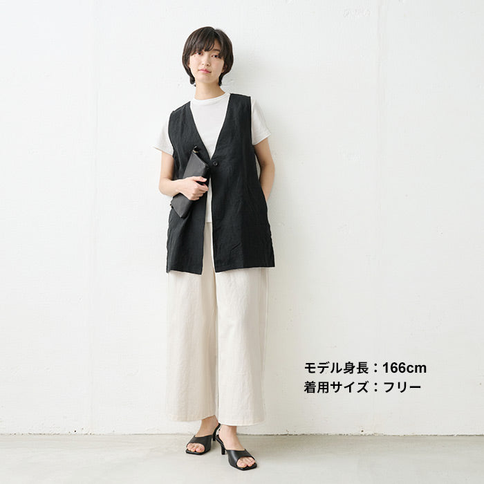 [ジレレディース50代前開き春夏夏]40番手フレンチリネン100％ジレ/日本製40代50代60代30代女性ファッションリネン100％ベスト麻薄手ロングノーカラーオシャレおしゃれゆったりきれいめ体型カバー体型リネン