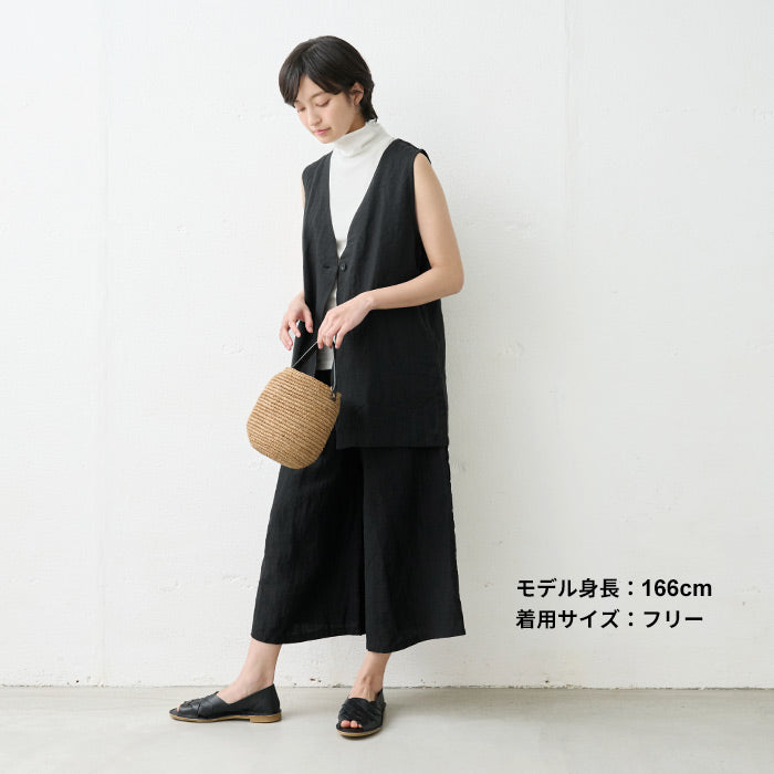 [ジレレディース50代前開き春夏夏]40番手フレンチリネン100％ジレ/日本製40代50代60代30代女性ファッションリネン100％ベスト麻薄手ロングノーカラーオシャレおしゃれゆったりきれいめ体型カバー体型リネン