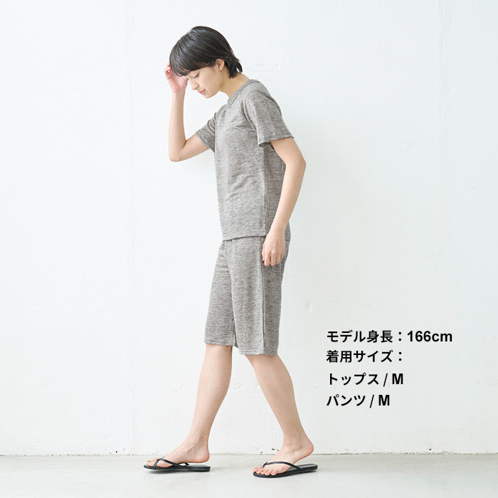 [ルームウェアレディース夏上下夏用薄手パジャマ]プレミアムリネン100％ラグラン半袖Tシャツ+ペチパンツ2点セット/日本製40代50代60代リネン100％麻100％涼しいパジャマ寝間着天然繊維大きいサイズ吸水速乾抗菌