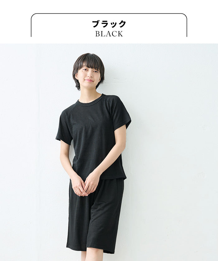 [ルームウェアレディース夏上下夏用薄手パジャマ]プレミアムリネン100％ラグラン半袖Tシャツ+ペチパンツ2点セット/日本製40代50代60代リネン100％麻100％涼しいパジャマ寝間着天然繊維大きいサイズ吸水速乾抗菌