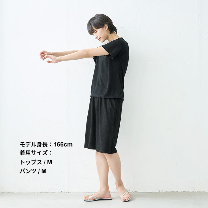 [ルームウェアレディース夏上下夏用薄手パジャマ]プレミアムリネン100％ラグラン半袖Tシャツ+ペチパンツ2点セット/日本製40代50代60代リネン100％麻100％涼しいパジャマ寝間着天然繊維大きいサイズ吸水速乾抗菌
