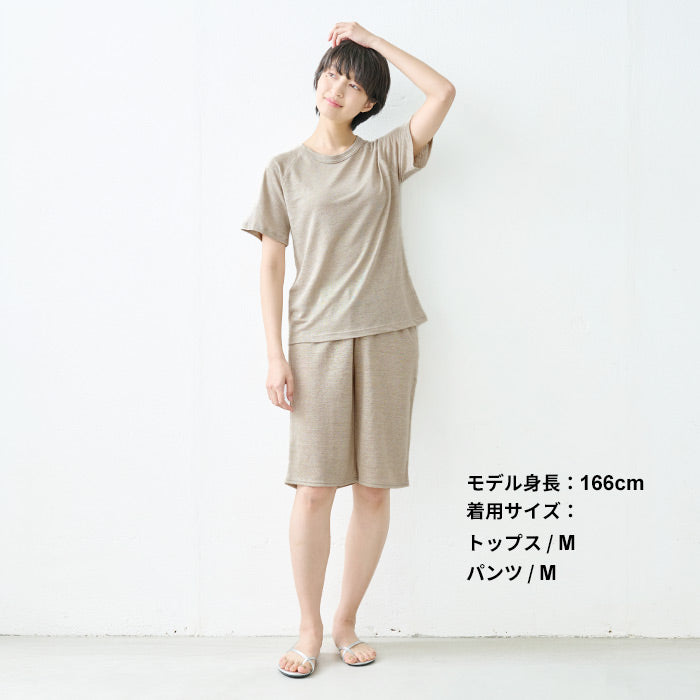 [ルームウェアレディース夏上下夏用薄手パジャマ]プレミアムリネン100％ラグラン半袖Tシャツ+ペチパンツ2点セット/日本製40代50代60代リネン100％麻100％涼しいパジャマ寝間着天然繊維大きいサイズ吸水速乾抗菌