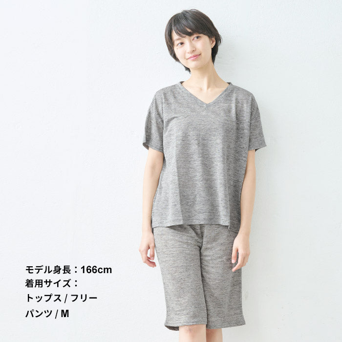 [ルームウェアレディース夏上下夏用薄手パジャマ]プレミアムリネン100%VネックTシャツ+ペチパンツ2点セット/日本製40代50代60代リネン100％麻100％涼しいパジャマ寝間着天然繊維大きいサイズ吸水速乾抗菌