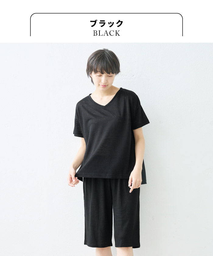 [ルームウェアレディース夏上下夏用薄手パジャマ]プレミアムリネン100%VネックTシャツ+ペチパンツ2点セット/日本製40代50代60代リネン100％麻100％涼しいパジャマ寝間着天然繊維大きいサイズ吸水速乾抗菌
