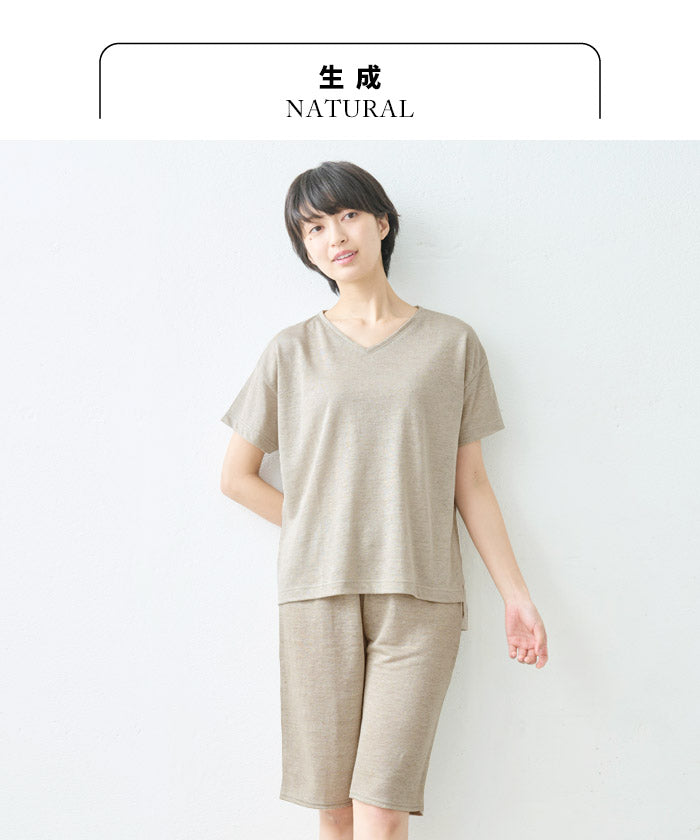 [ルームウェアレディース夏上下夏用薄手パジャマ]プレミアムリネン100%VネックTシャツ+ペチパンツ2点セット/日本製40代50代60代リネン100％麻100％涼しいパジャマ寝間着天然繊維大きいサイズ吸水速乾抗菌