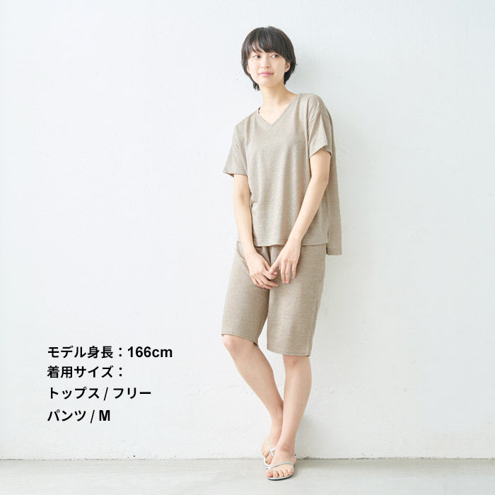 [ルームウェアレディース夏上下夏用薄手パジャマ]プレミアムリネン100%VネックTシャツ+ペチパンツ2点セット/日本製40代50代60代リネン100％麻100％涼しいパジャマ寝間着天然繊維大きいサイズ吸水速乾抗菌