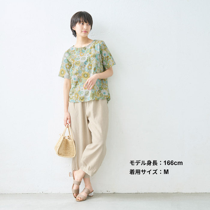 [パンツリネンレディース麻]フレンチリネン100%バルーンパンツ/日本製40代50代60代30代リネン100％麻100％きれいめゆったりウエストゴム春物春夏総ゴム体型カバーすっきり夏春秋