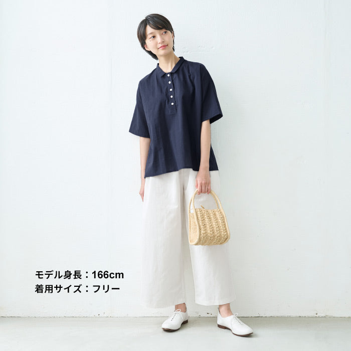 [夏薄手半袖シャツレディースゆったりブラウス]清涼ふんわりコットンローン五分袖シャツ/日本製40代50代60代30代女性襟付き綿綿100涼しいおしゃれこなれプルオーバーカジュアルトップス襟付き体型カバー