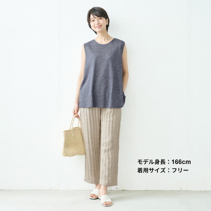[ノースリーブトップス夏Tシャツaライン無地]プレミアムリネン100%フレアノースリーブ/日本製40代50代60代女性ファッションリネンカットソーレディース体型カバー薄手夏吸汗速乾抗菌クルーネックきれいめ丸首