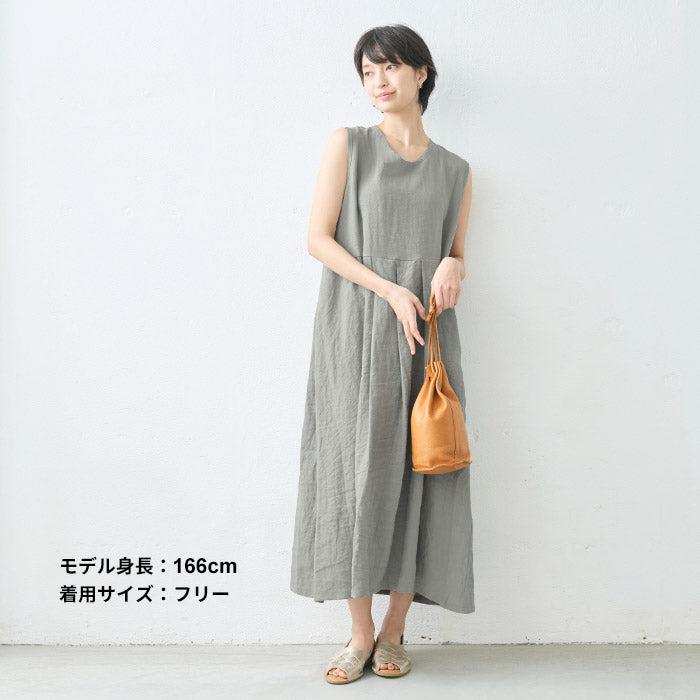 [ワンピースレディース無地リネン夏]東炊きリネン100%ノースリーブワンピース/日本製40代50代60代麻100％麻長袖ロングマキシ涼しいきれいめゆったりロング丈薄手カジュアルナチュラルふんわり大きめ春夏秋