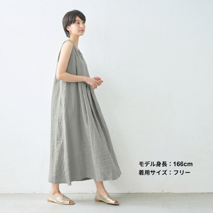 [ワンピースレディース無地リネン夏]東炊きリネン100%ノースリーブワンピース/日本製40代50代60代麻100％麻長袖ロングマキシ涼しいきれいめゆったりロング丈薄手カジュアルナチュラルふんわり大きめ春夏秋