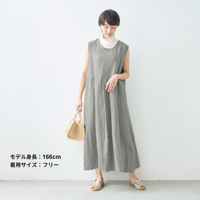 [ワンピースレディース無地リネン夏]東炊きリネン100%ノースリーブワンピース/日本製40代50代60代麻100％麻長袖ロングマキシ涼しいきれいめゆったりロング丈薄手カジュアルナチュラルふんわり大きめ春夏秋