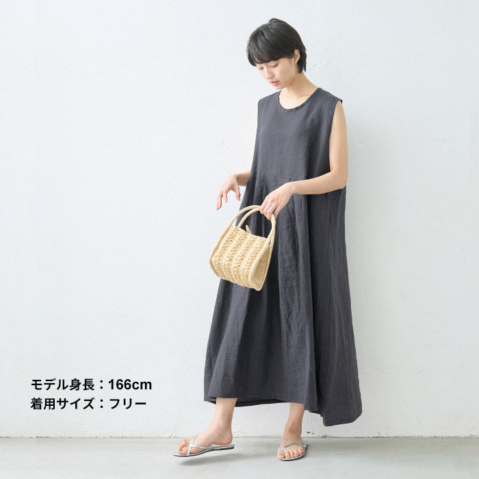 [ワンピースレディース無地リネン夏]東炊きリネン100%ノースリーブワンピース/日本製40代50代60代麻100％麻長袖ロングマキシ涼しいきれいめゆったりロング丈薄手カジュアルナチュラルふんわり大きめ春夏秋