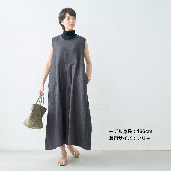 [ワンピースレディース無地リネン夏]東炊きリネン100%ノースリーブワンピース/日本製40代50代60代麻100％麻長袖ロングマキシ涼しいきれいめゆったりロング丈薄手カジュアルナチュラルふんわり大きめ春夏秋
